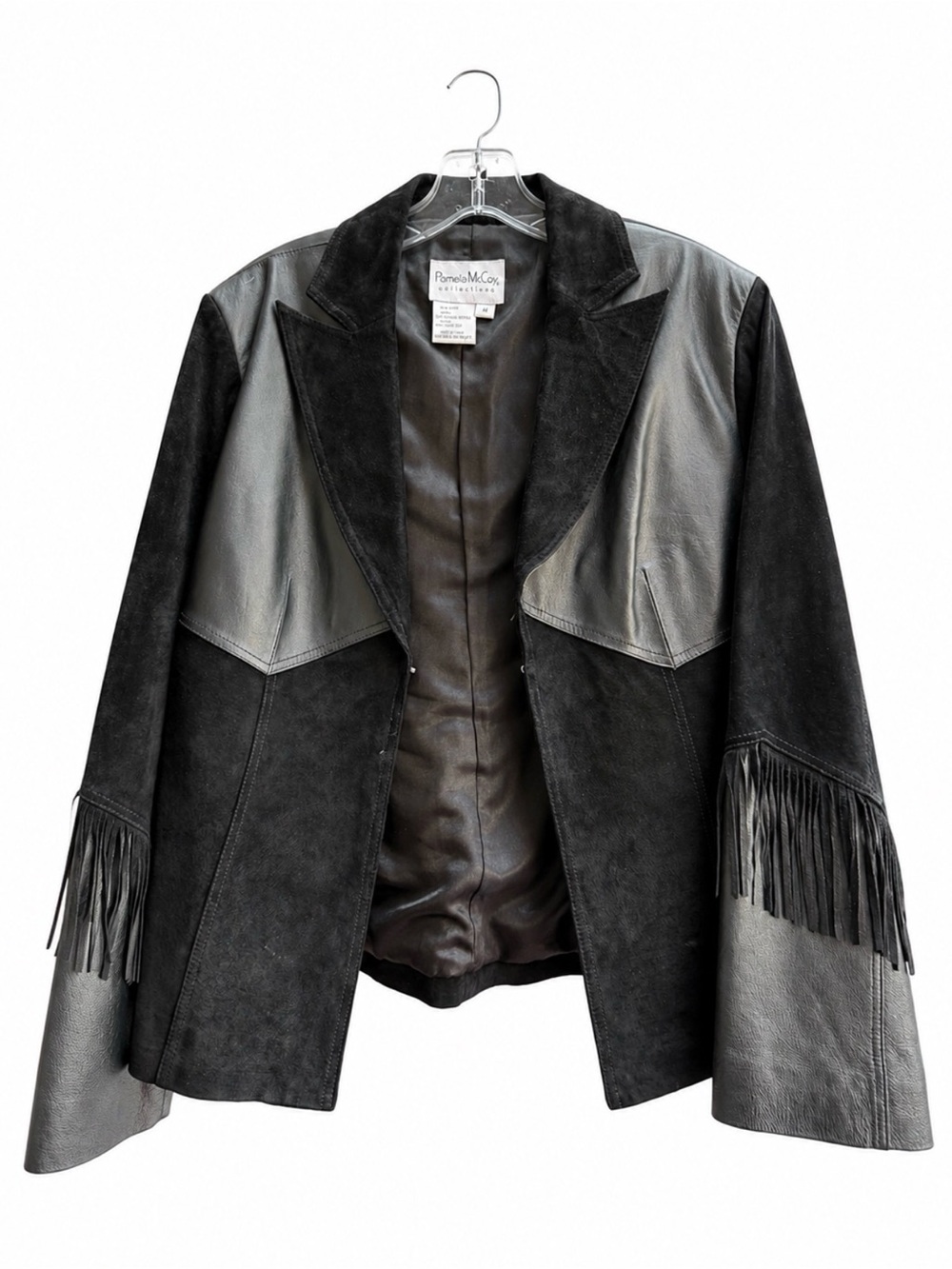 Pamela McCoy Black Suede & Leather Fringe Jacket